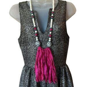 Pink Sari Silk Necklace with Handpainted Beads – Silky Boho Jewelry            R